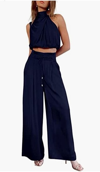 Conjunto de verano de top corto sin mangas y pantalón ancho