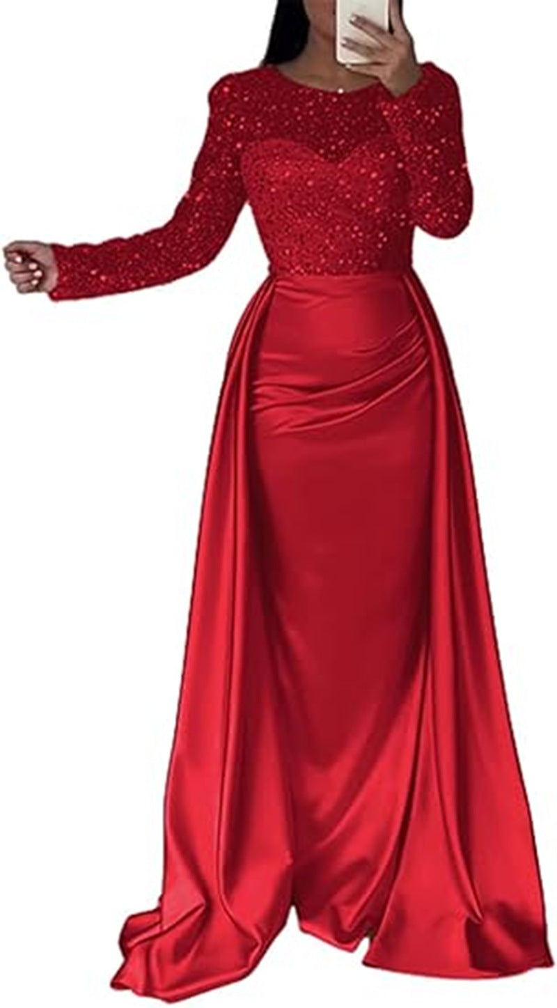 Vestido largo de noche con cuerpo de lentejuelas y falda satinada