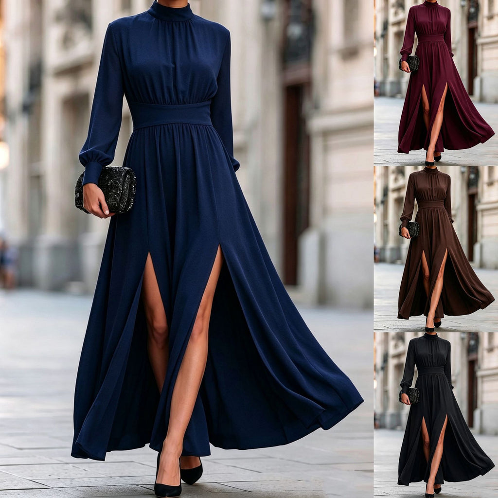 Vestido midi elegante de cuello alto, manga larga y doble abertura