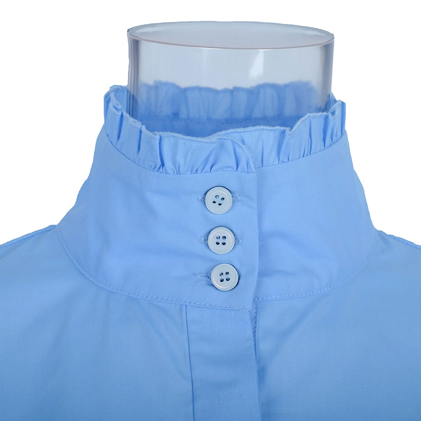 Blusa azul larga con manga farol