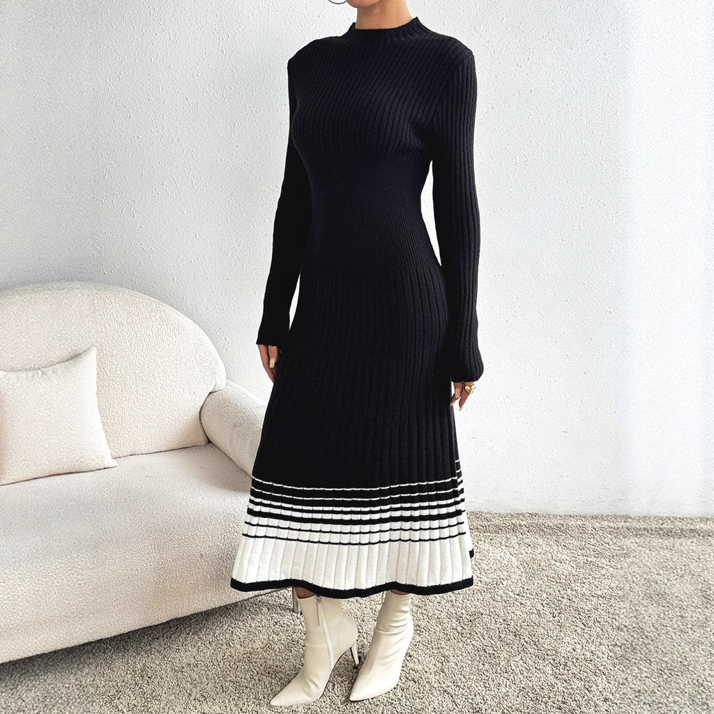 Vestido de punto a rayas blanco y negro de manga larga