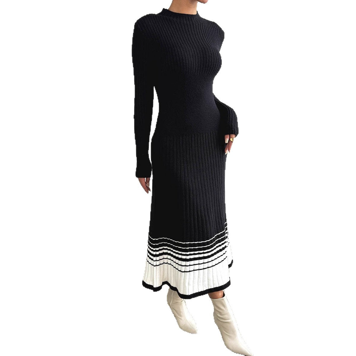 Vestido de punto a rayas blanco y negro de manga larga