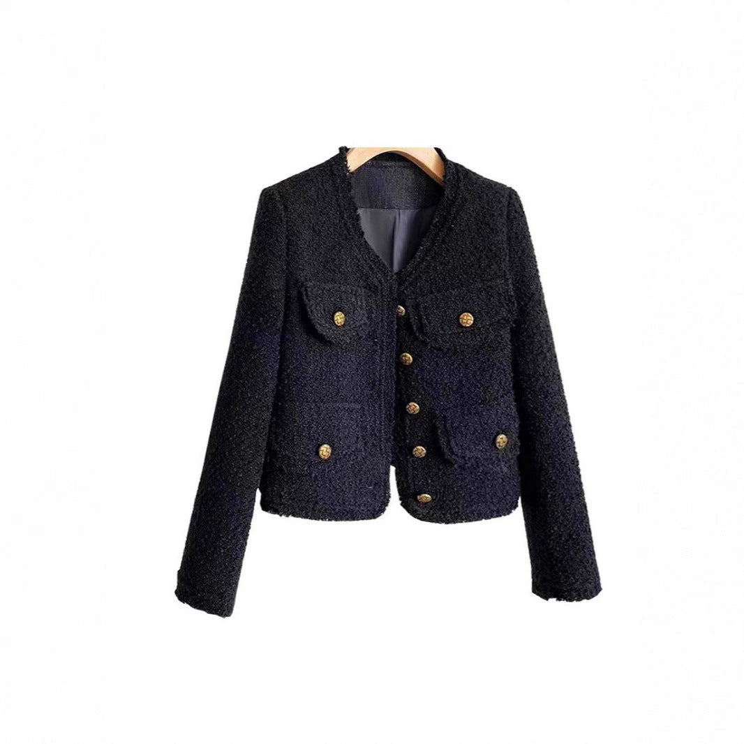 Blazer corto negro de tweed con manga larga
