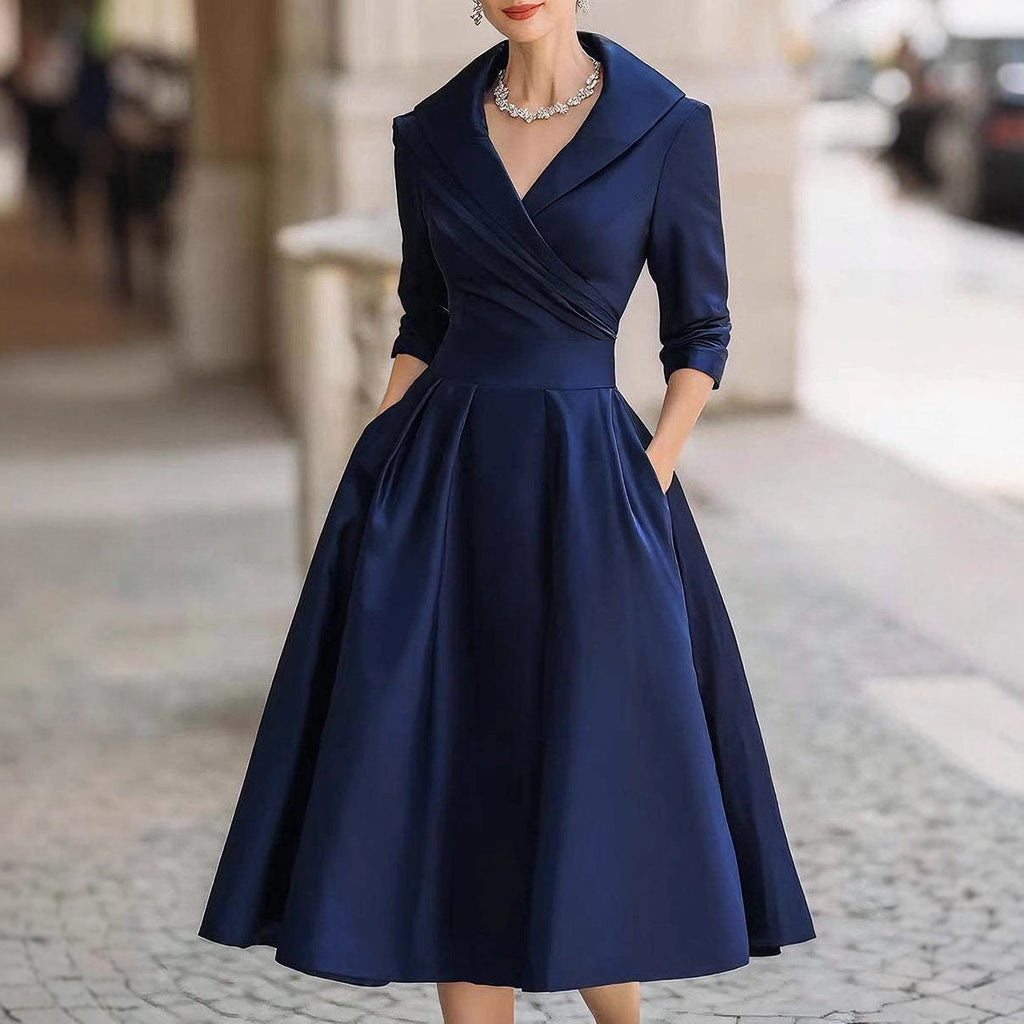 Vestido largo formal entallado de manga larga con cuello camisero