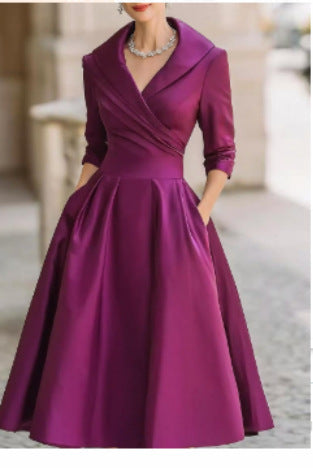 Vestido largo formal entallado de manga larga con cuello camisero