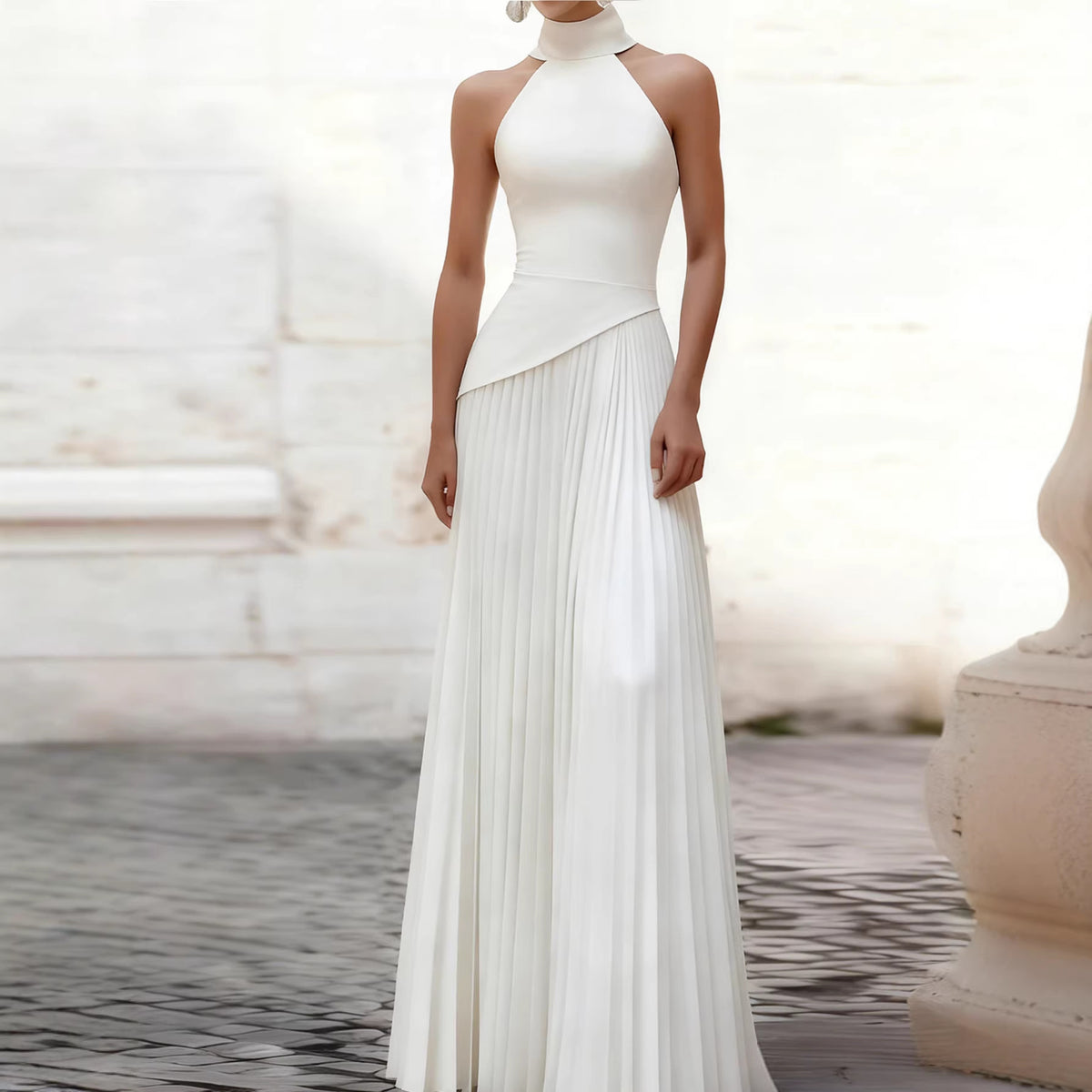 Vestido midi palabra de honor con plisado asimétrico