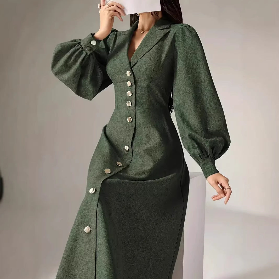 Vestido largo vintage de manga larga con cuello sastre