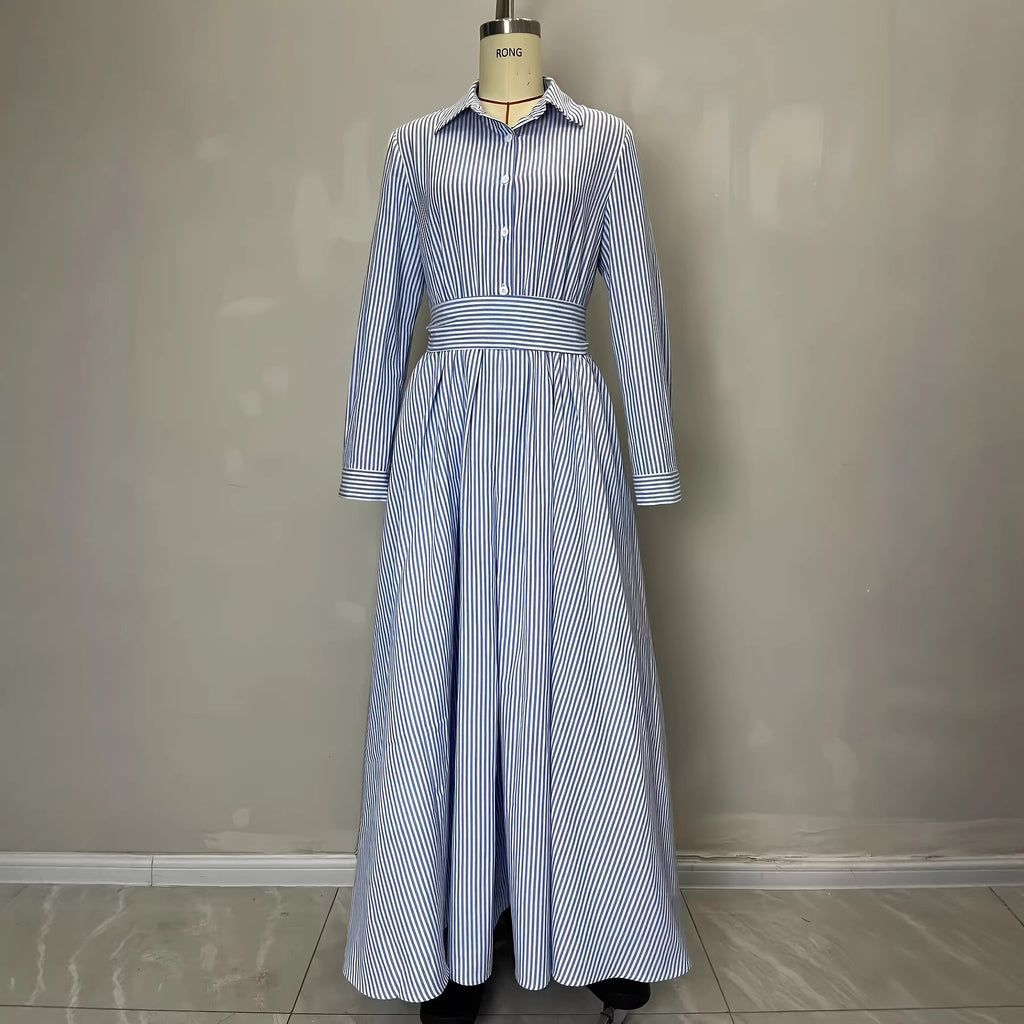 Vestido camisero largo a rayas con cinturón y bolsillos