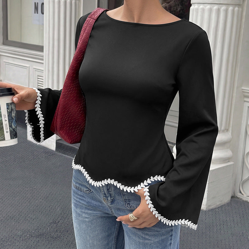 Camisa elegante de manga larga con encaje y escote barco