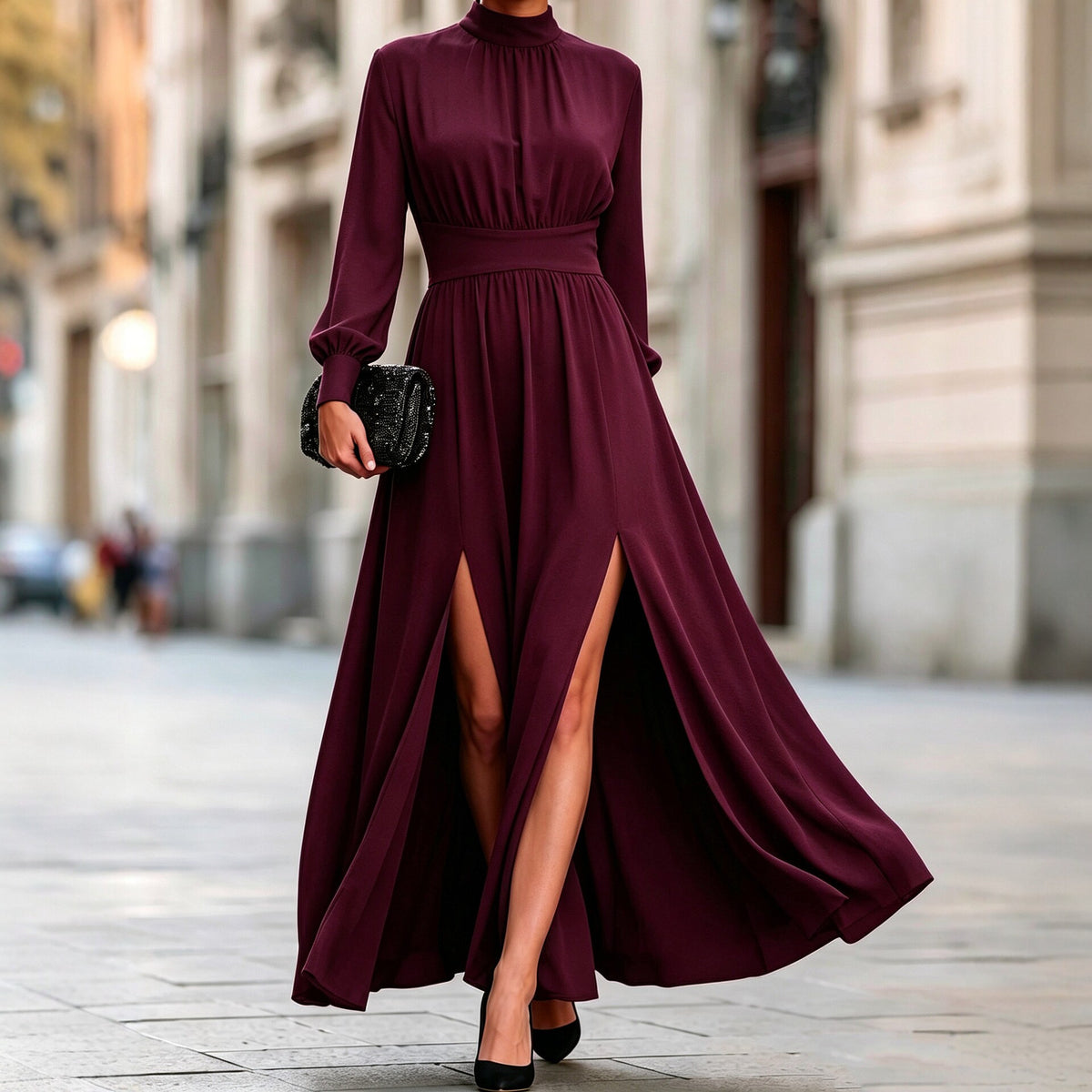 Vestido midi elegante de cuello alto, manga larga y doble abertura