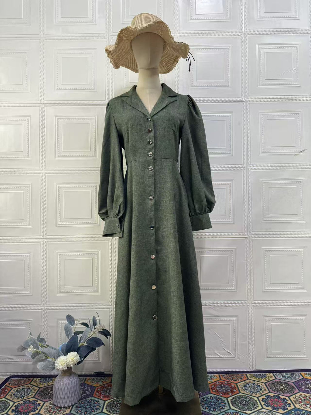 Vestido largo vintage de manga larga con cuello sastre