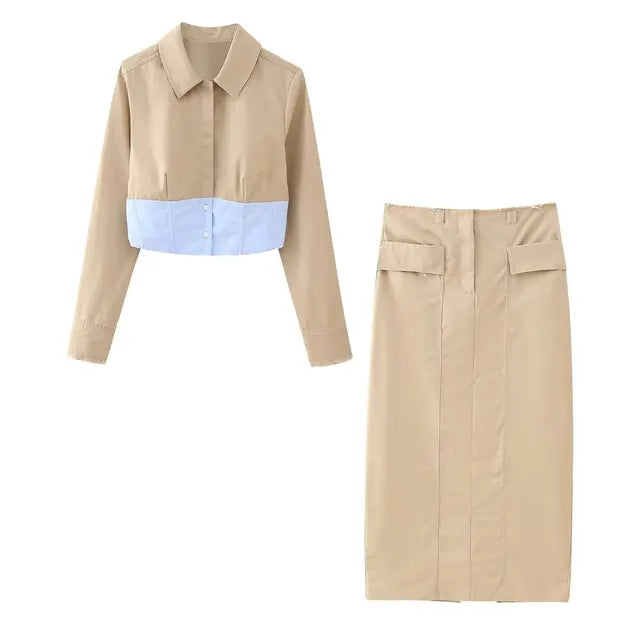 Conjunto de camisa corta y falda larga con abertura