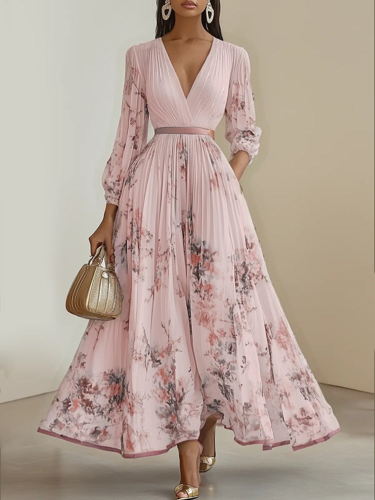 Vestido largo floral de manga larga con escote en V