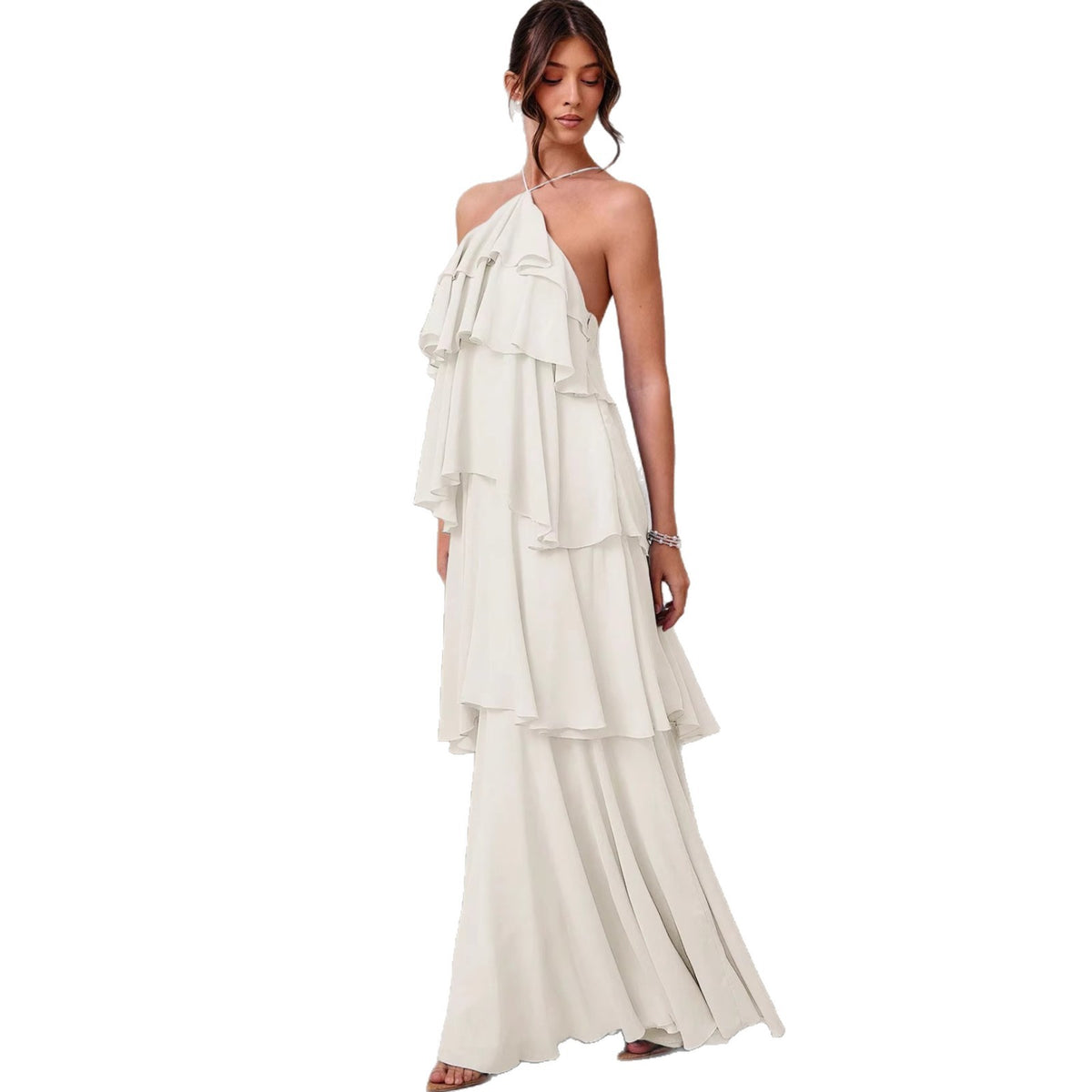 Vestido largo elegante sin mangas con cuello halter