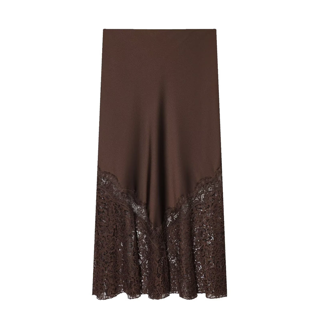 Falda midi satinada con encaje