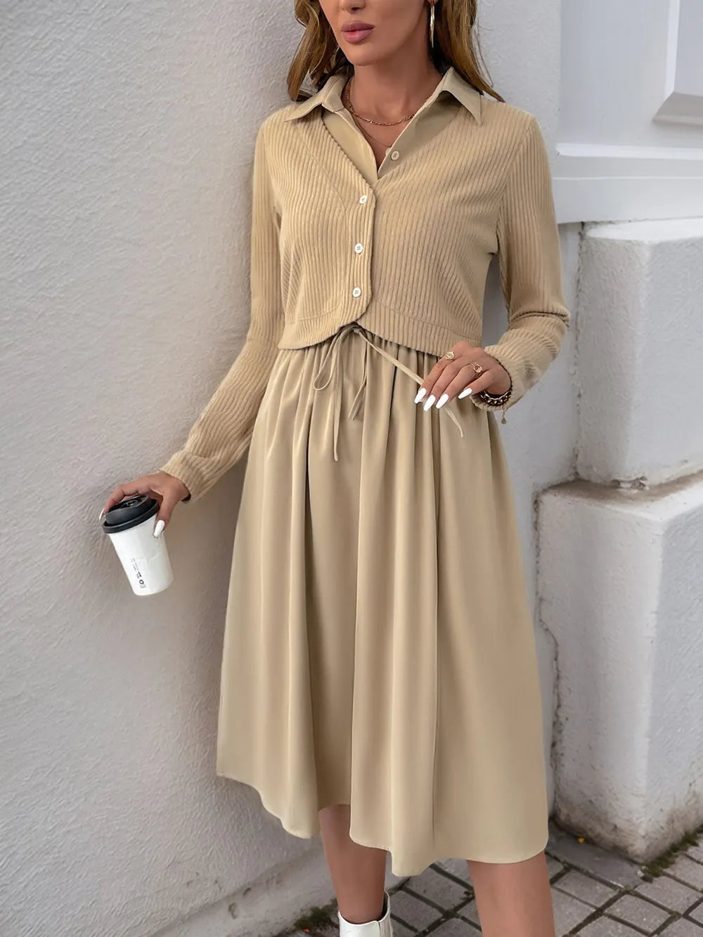 Vestido midi efecto dos piezas con cuello camisero