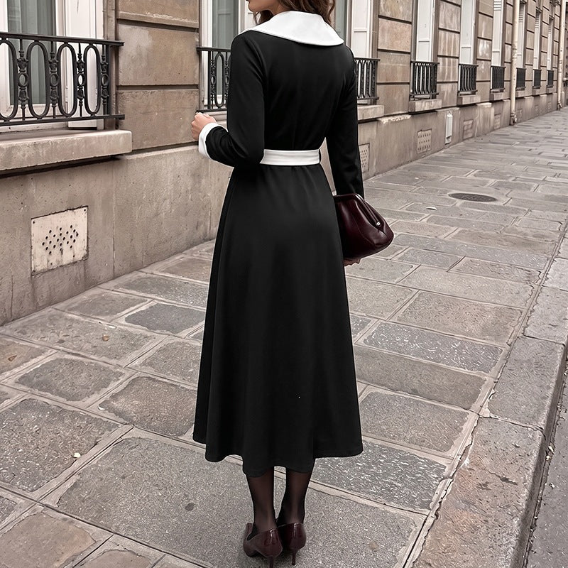 Vestido largo elegante con escote en V, manga larga y cinturón