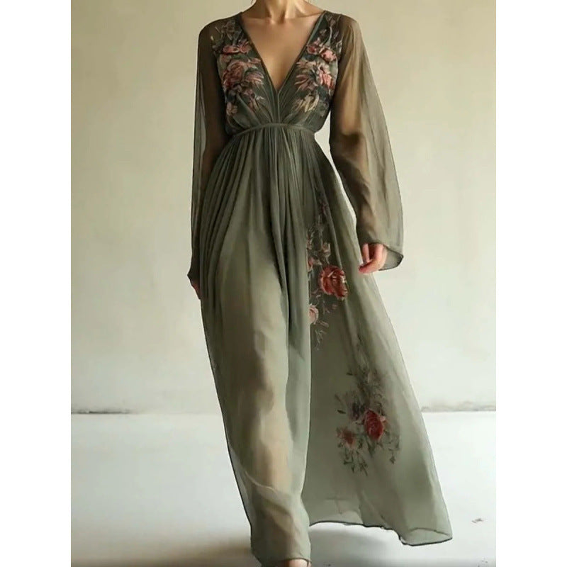 Vestido largo estampado de gasa con manga larga y escote en V