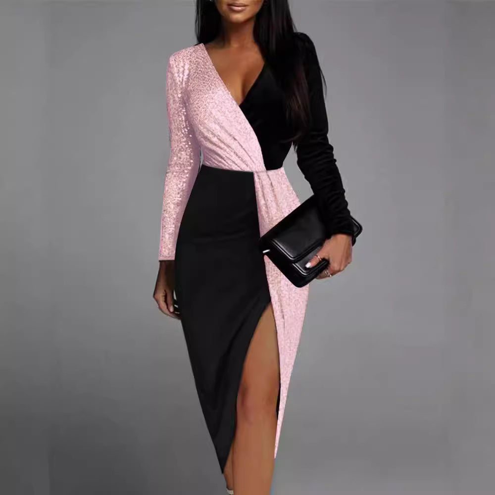 Vestido negro de manga larga con escote en V y lentejuelas