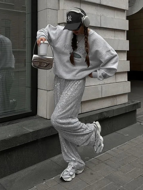Pantalón ancho de lentejuelas de tiro alto