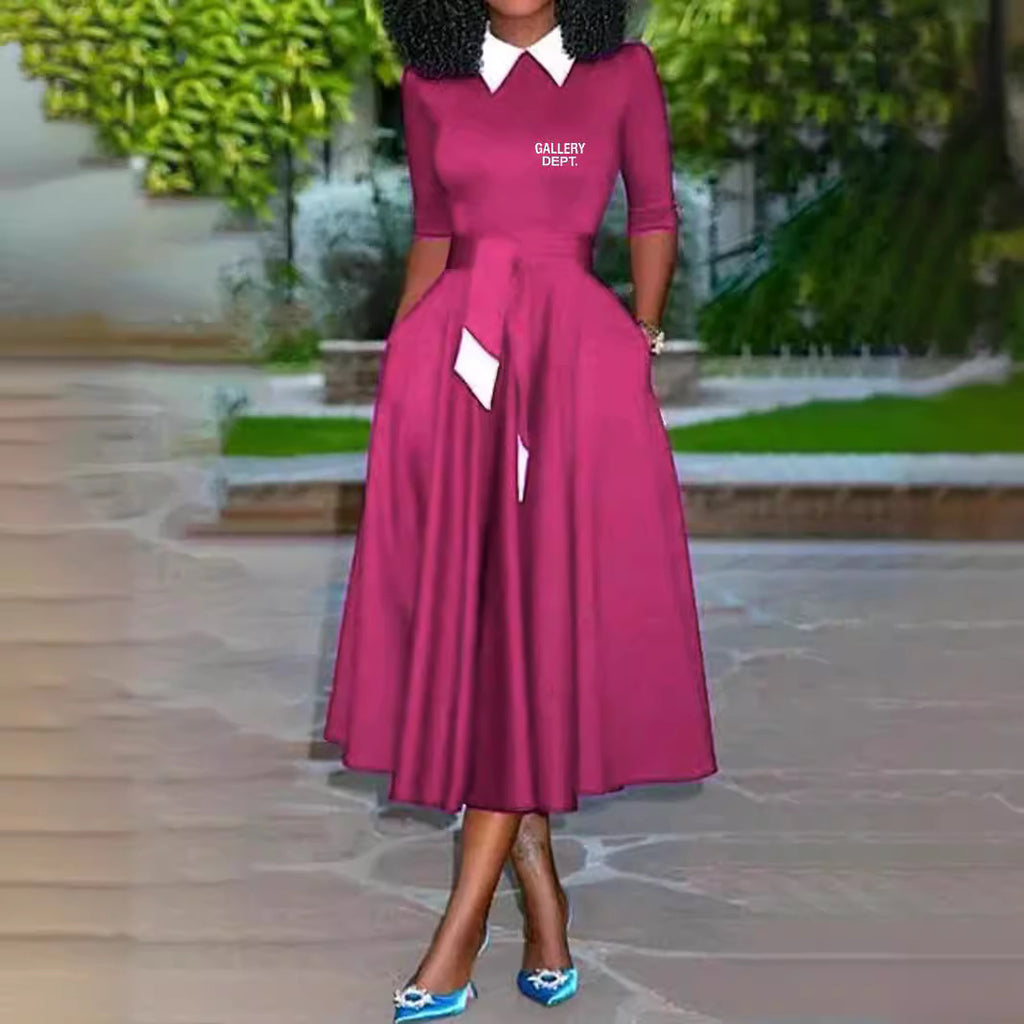 Vestido largo evasé elegante con cuello camisero