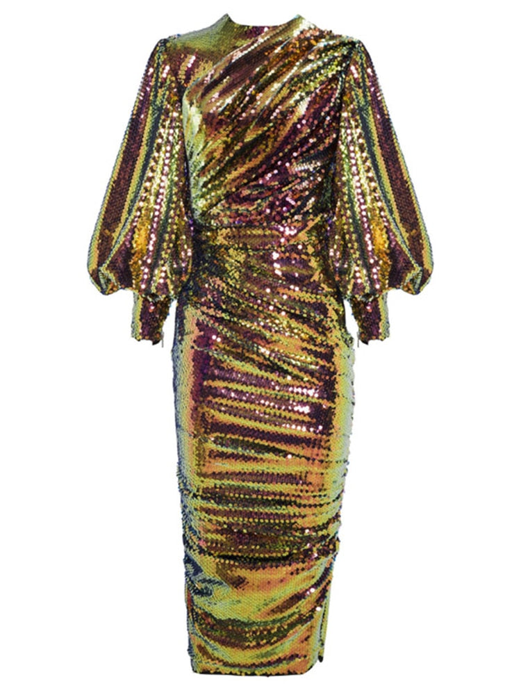 Vestido midi elegante de manga larga y falda evasé