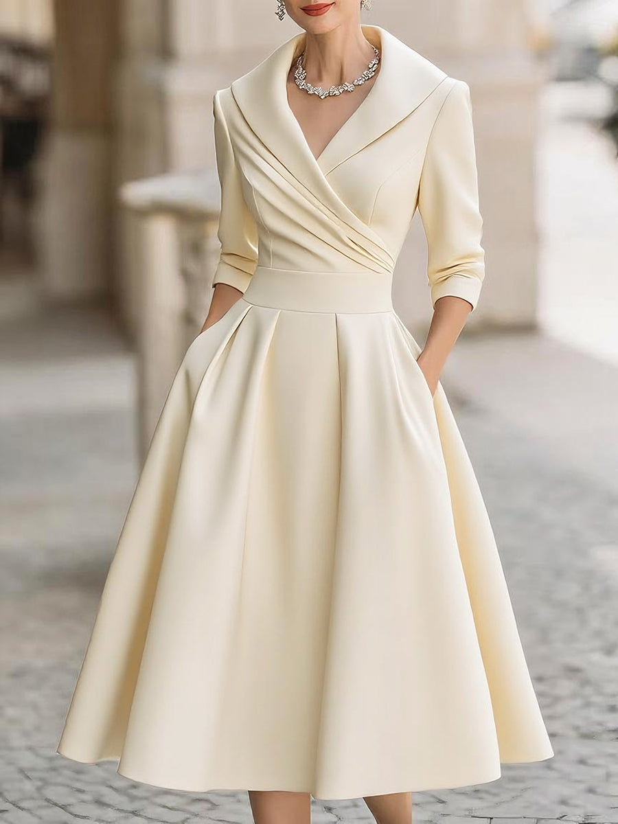 Vestido largo formal entallado de manga larga con cuello camisero