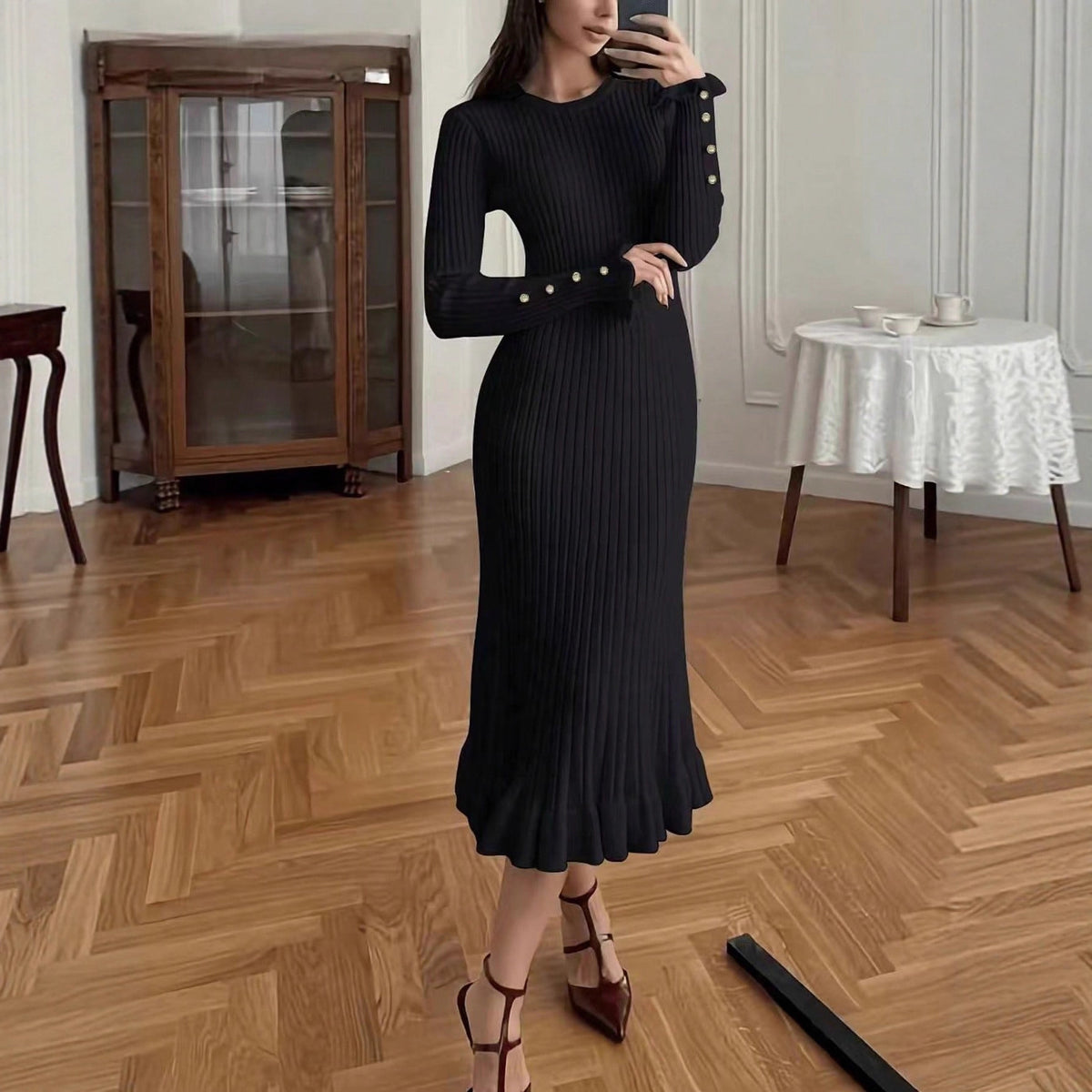 Vestido largo de punto elegante de manga larga