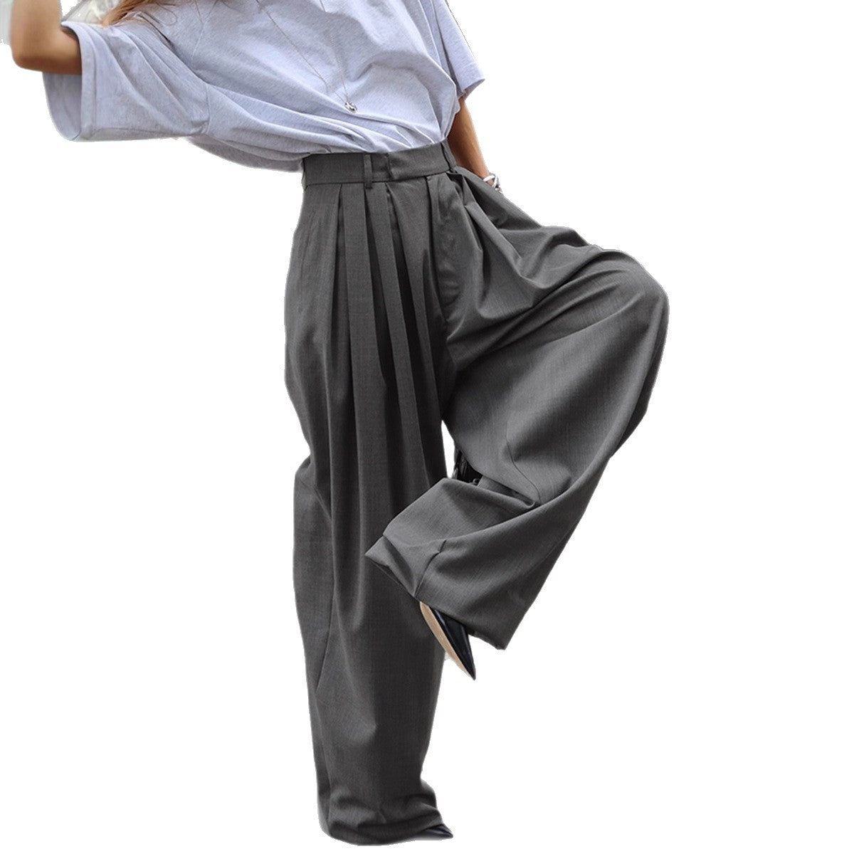 Pantalón de traje gris plisado de pierna ancha