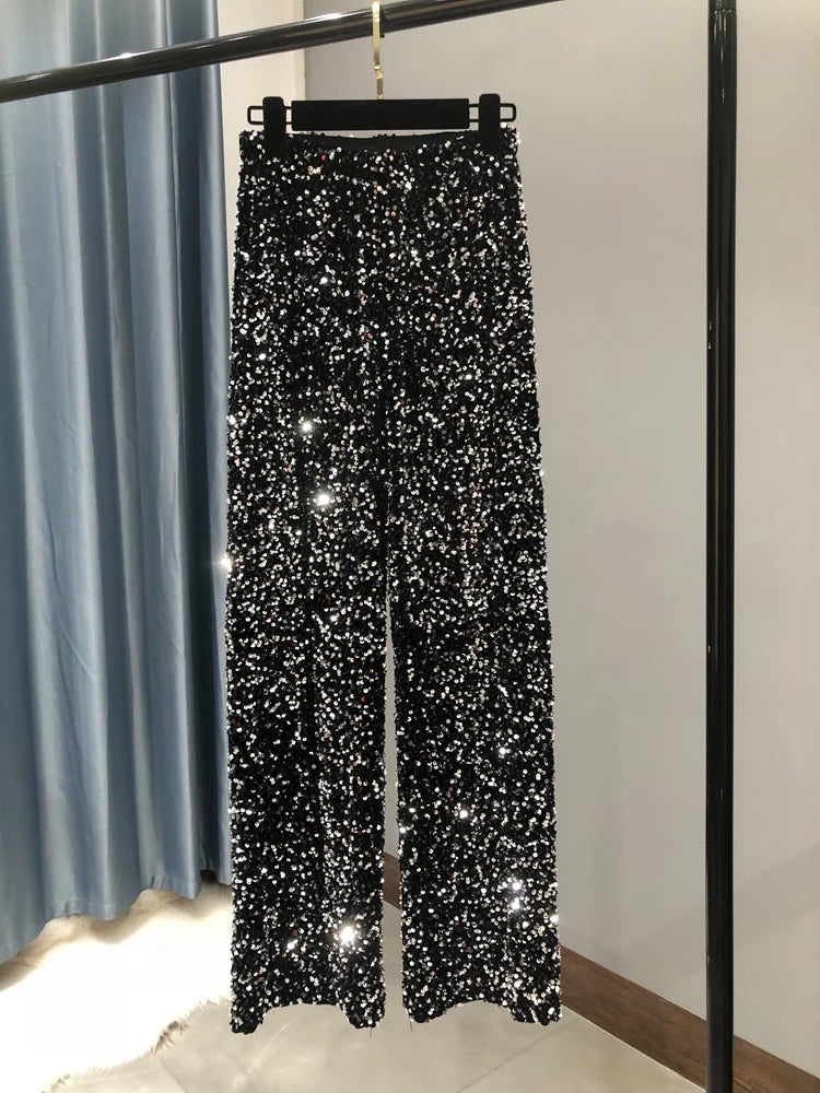 Pantalón brillante de cintura alta y pierna ancha