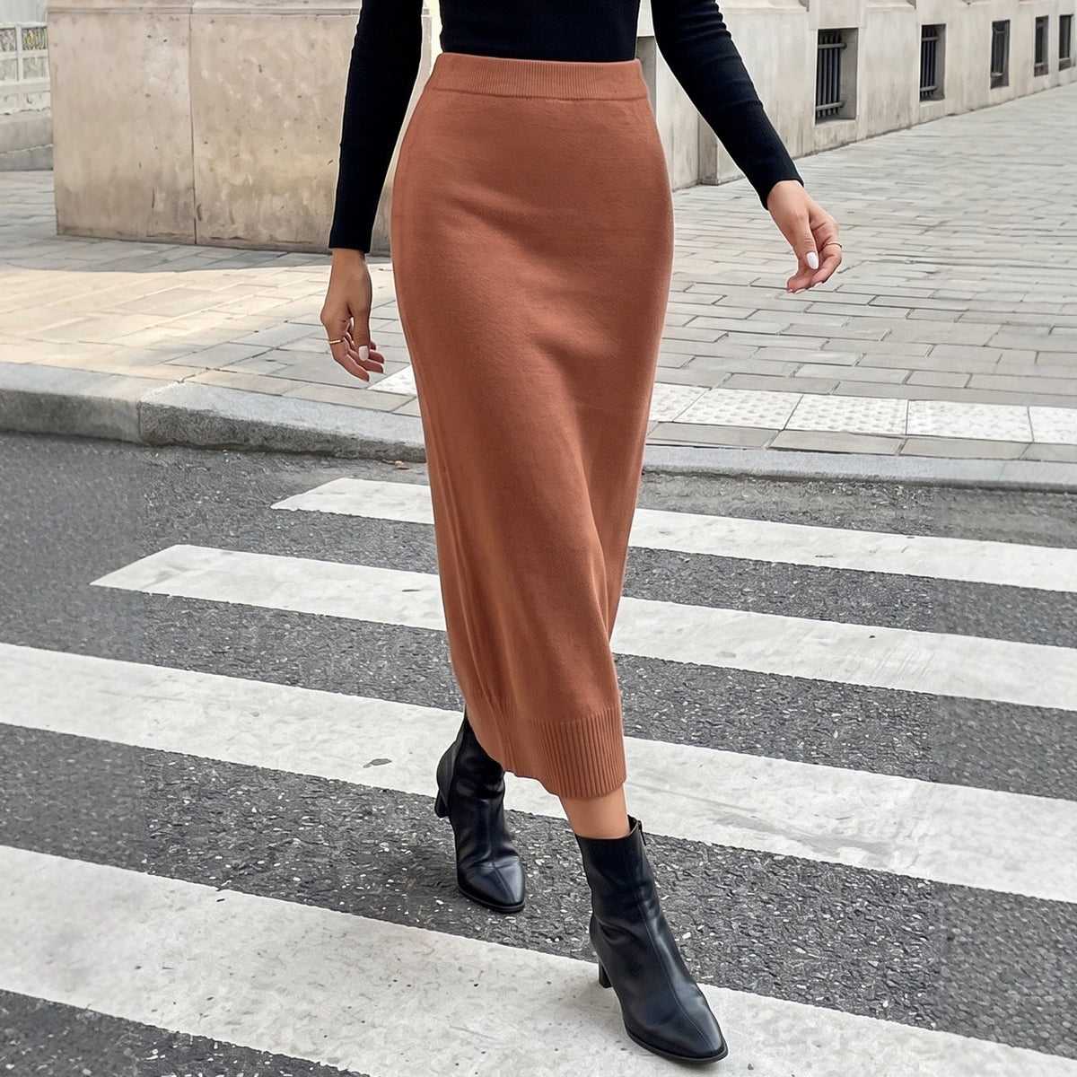 Falda midi de oficina de color liso y corte ajustado