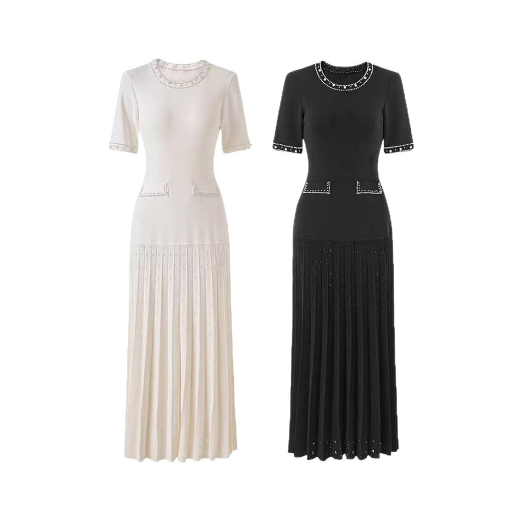 Vestido midi de punto con pedrería y falda plisada