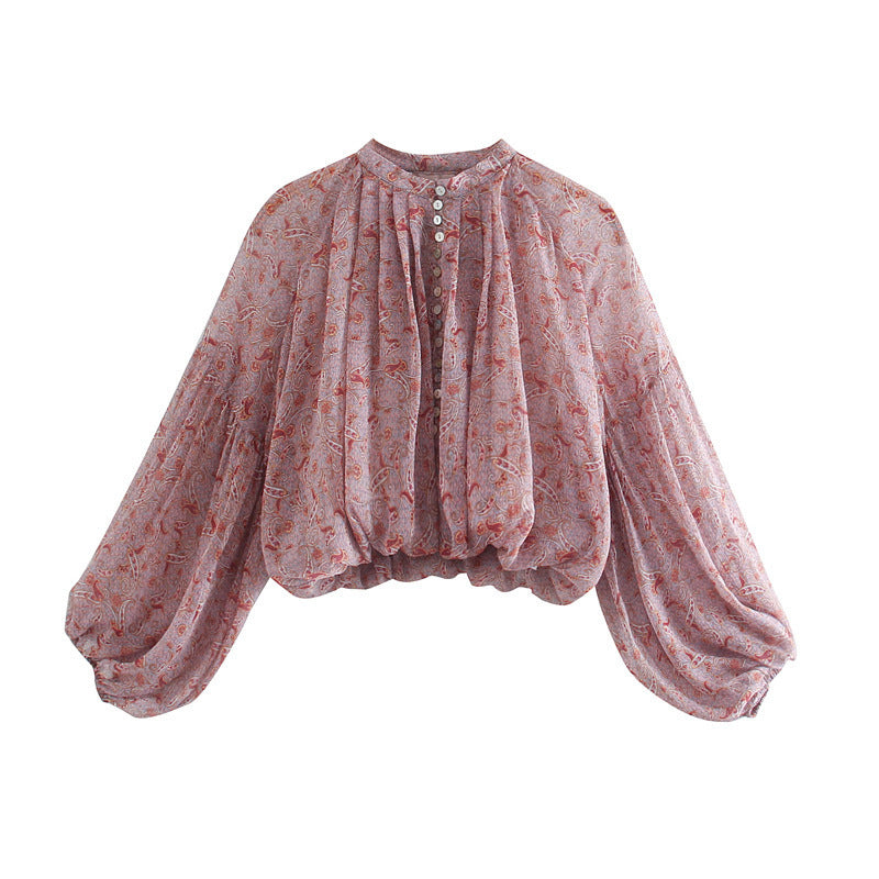 Camisa estampada elegante de manga larga abullonada
