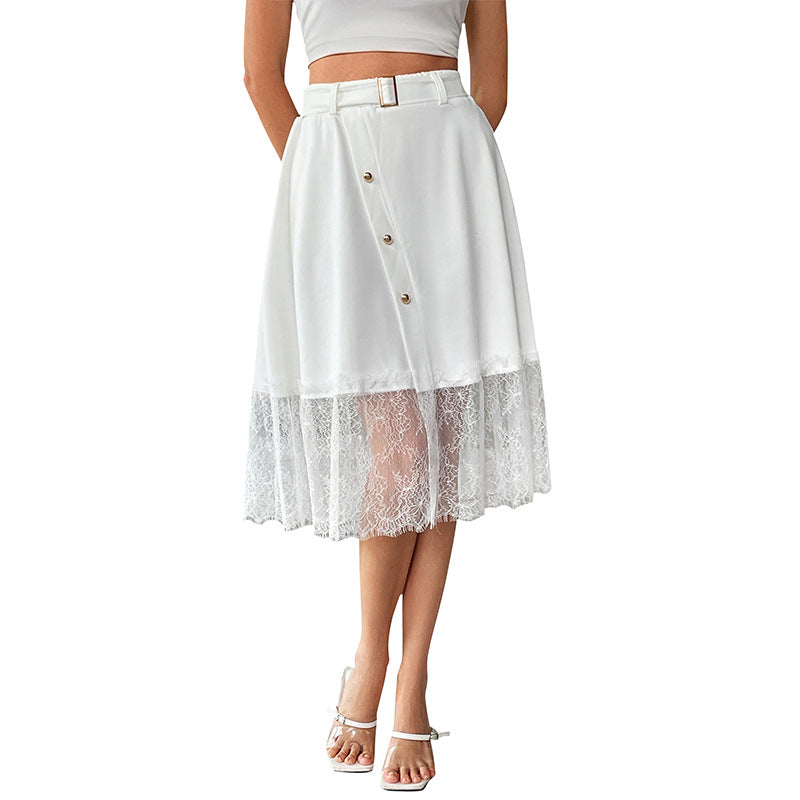 Falda midi de encaje blanco de cintura alta