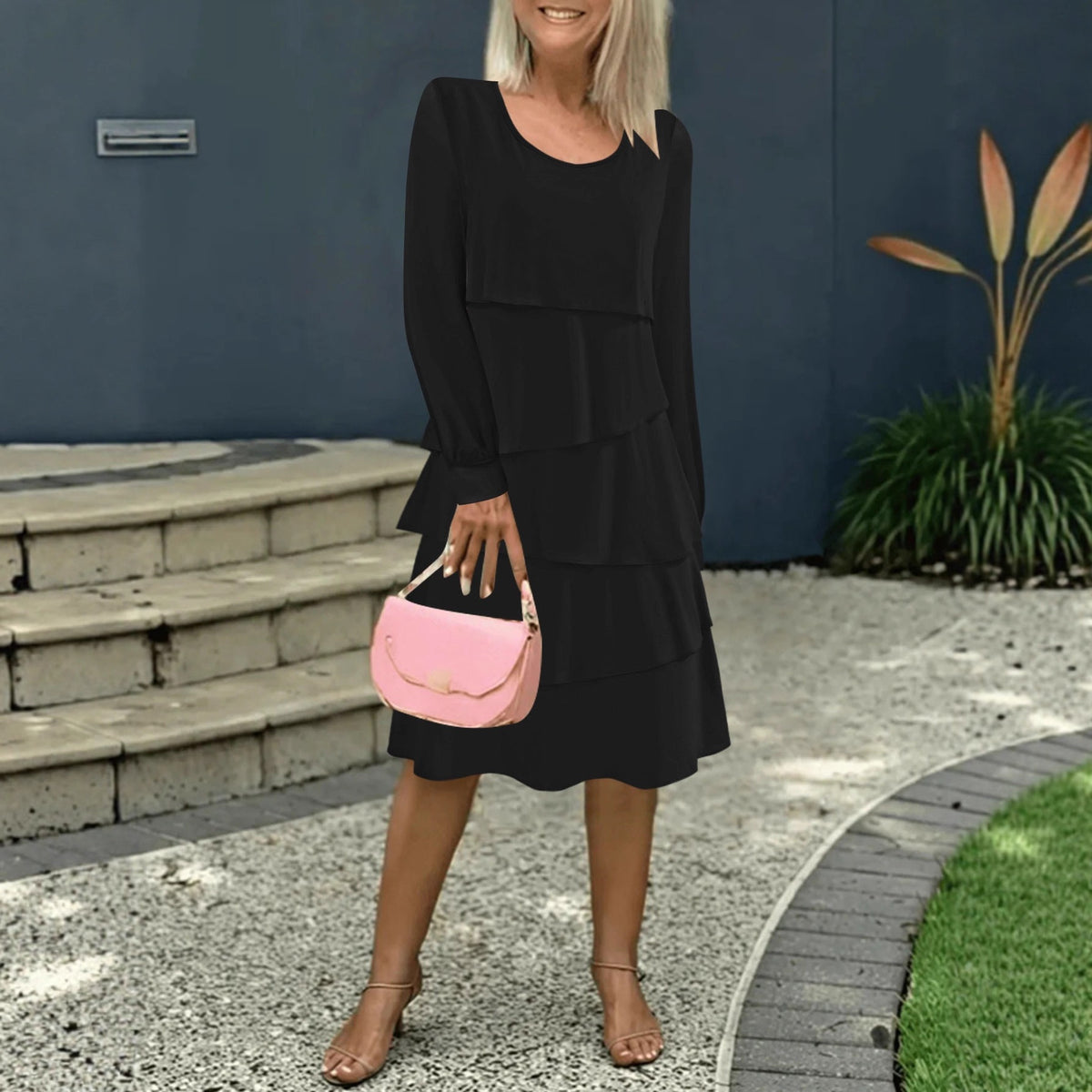 Vestido midi de gasa con falda plisada y manga larga