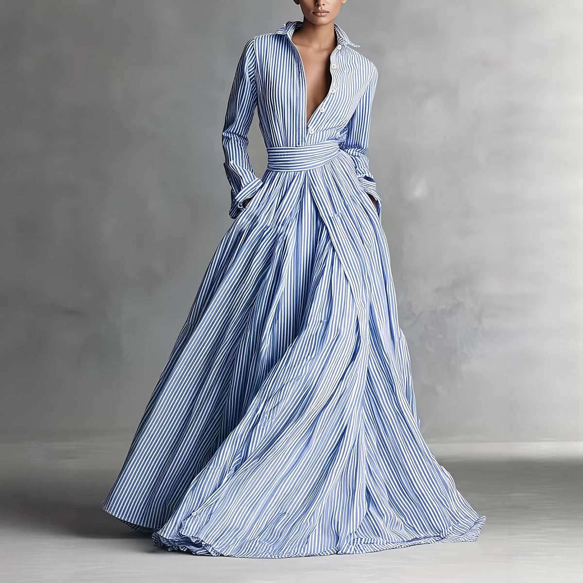 Vestido camisero largo a rayas con cinturón y bolsillos