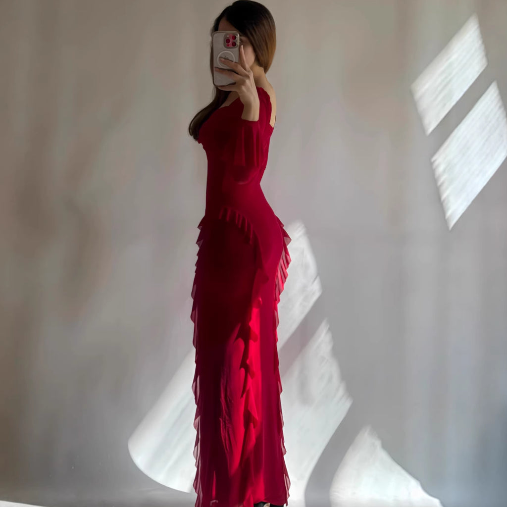 Vestido largo fluido de manga larga con escote corazón