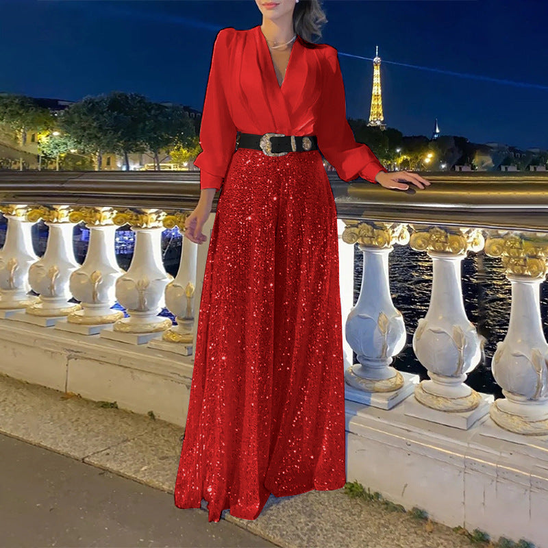 Conjunto elegante de blusa con escote en V y pantalón ancho de lentejuelas