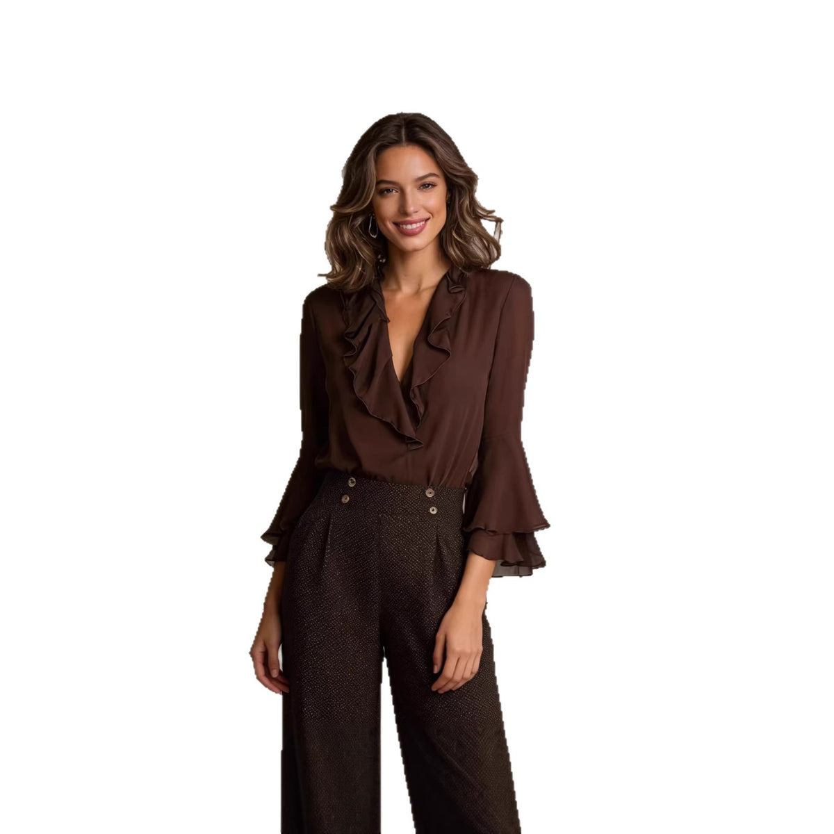 Blusa elegante con volantes, escote en V y manga larga