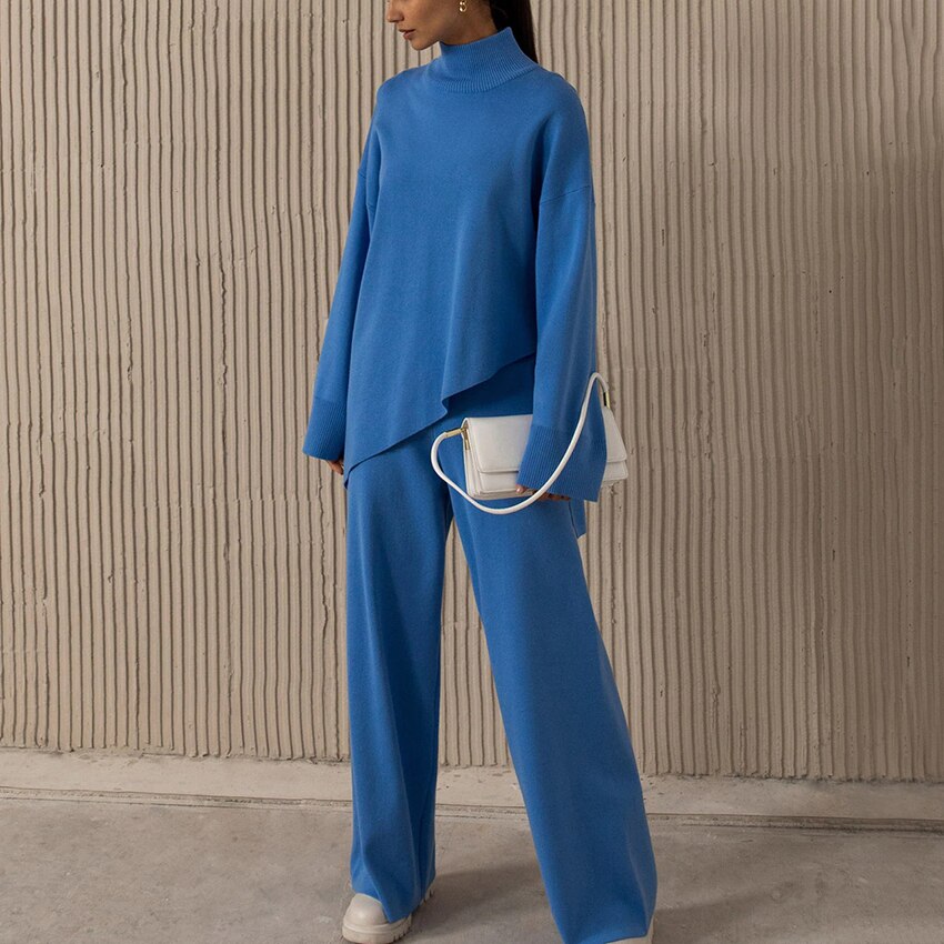 Conjunto elegante de jersey de cuello alto y pantalón ancho