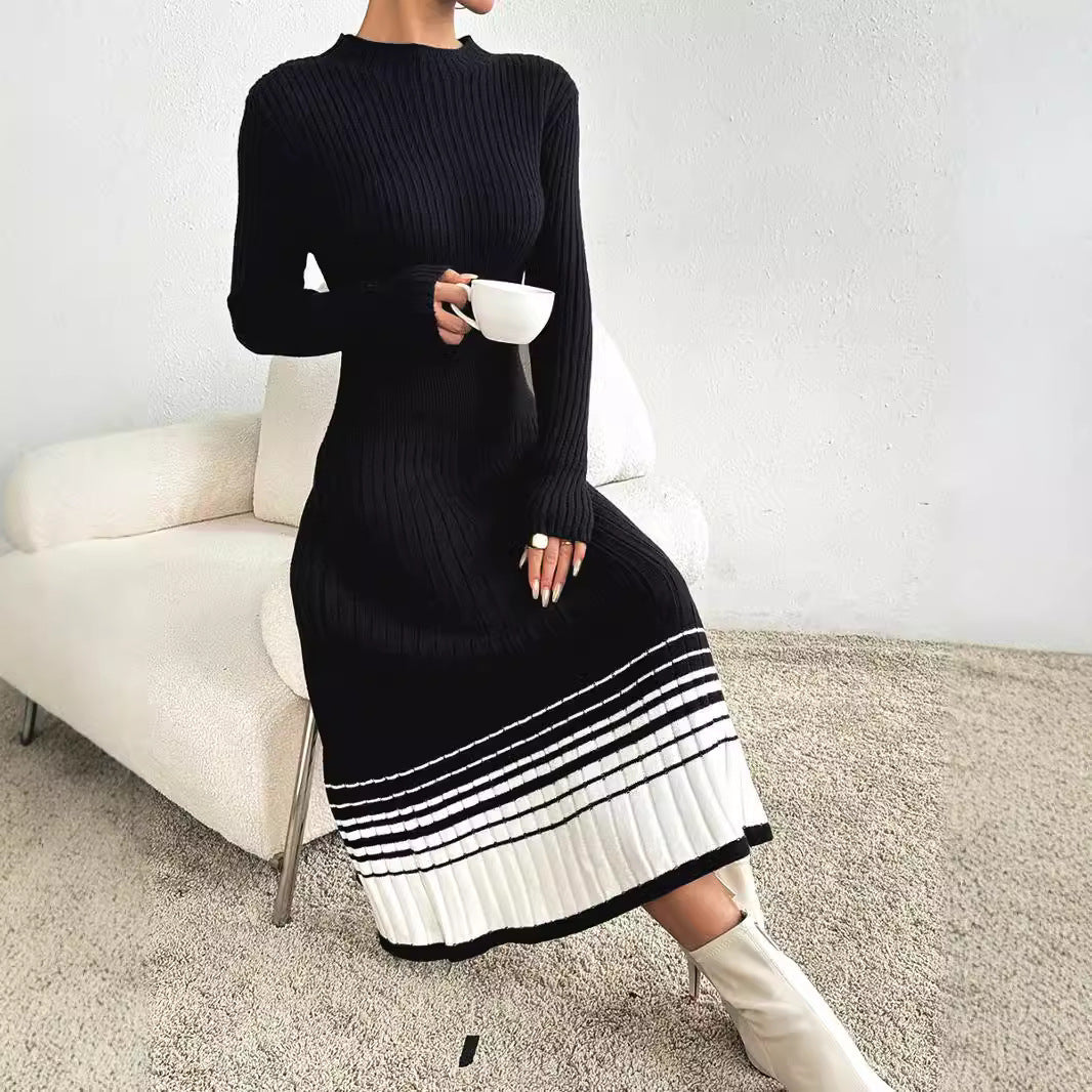 Vestido de punto a rayas blanco y negro de manga larga