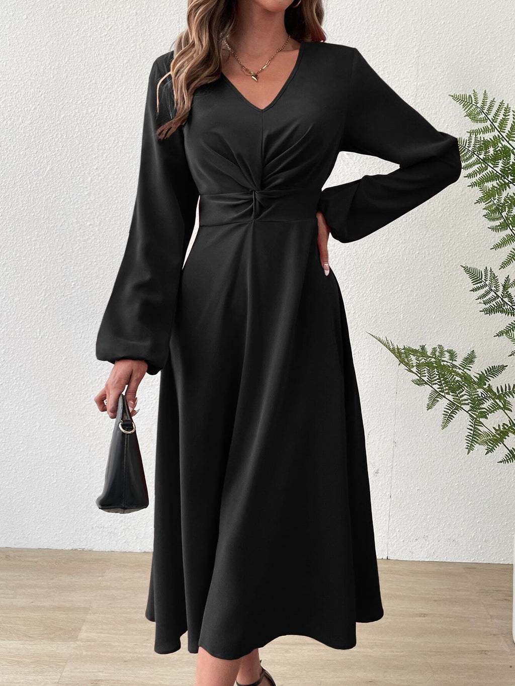 Vestido midi de estilo francés con escote en V y cintura alta