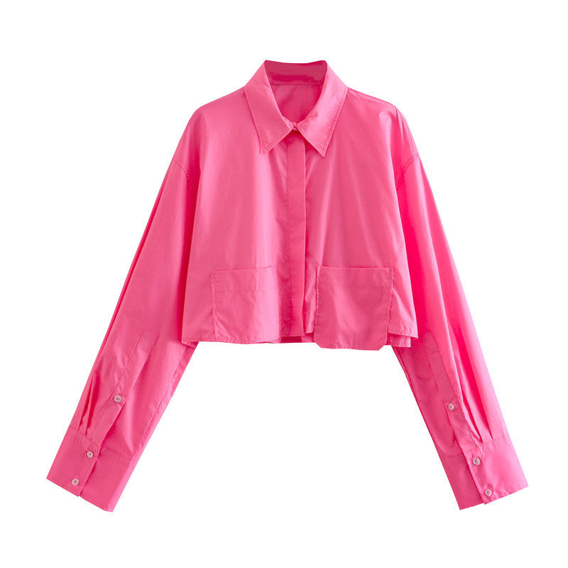 Camisa corta de popelina con bolsillos y manga larga