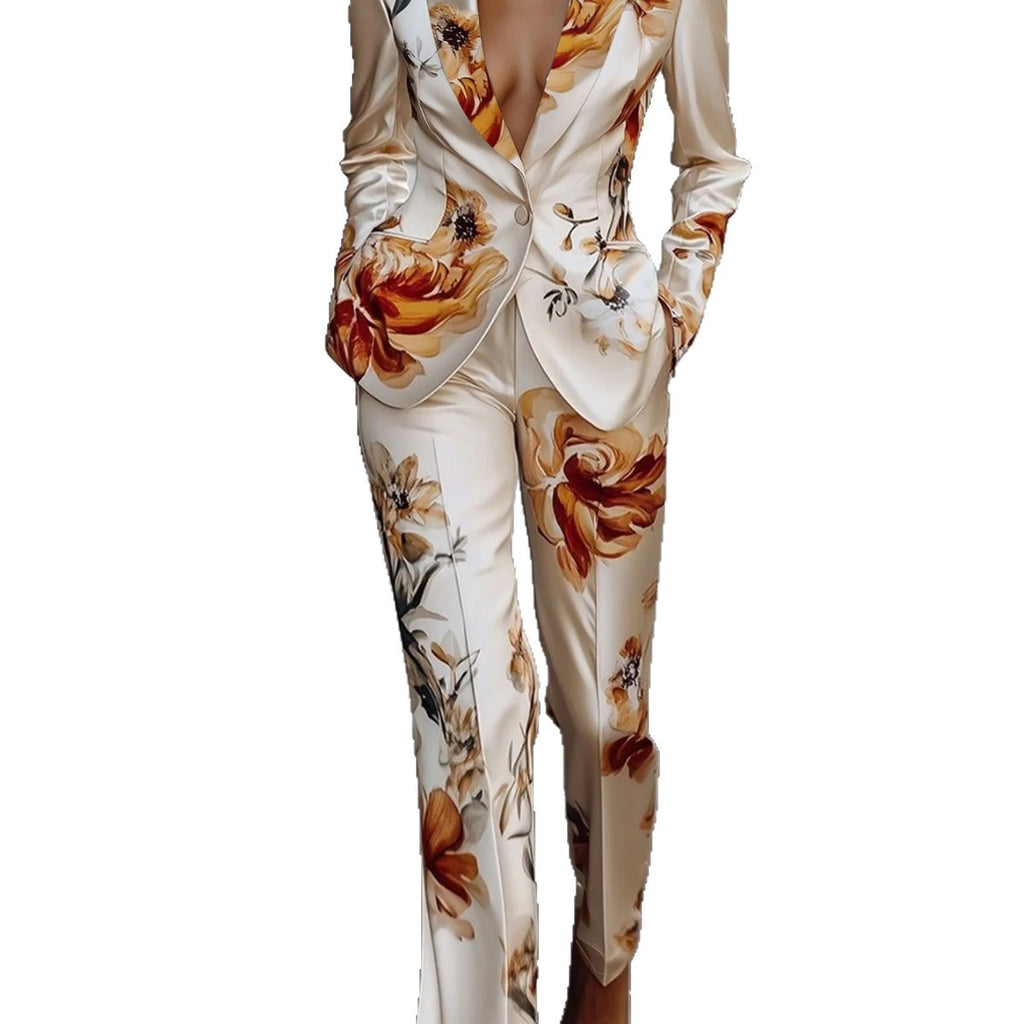 Conjunto satinado estampado de camisa y pantalón ancho
