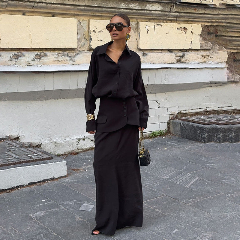 Conjunto elegante de camisa larga y vestido