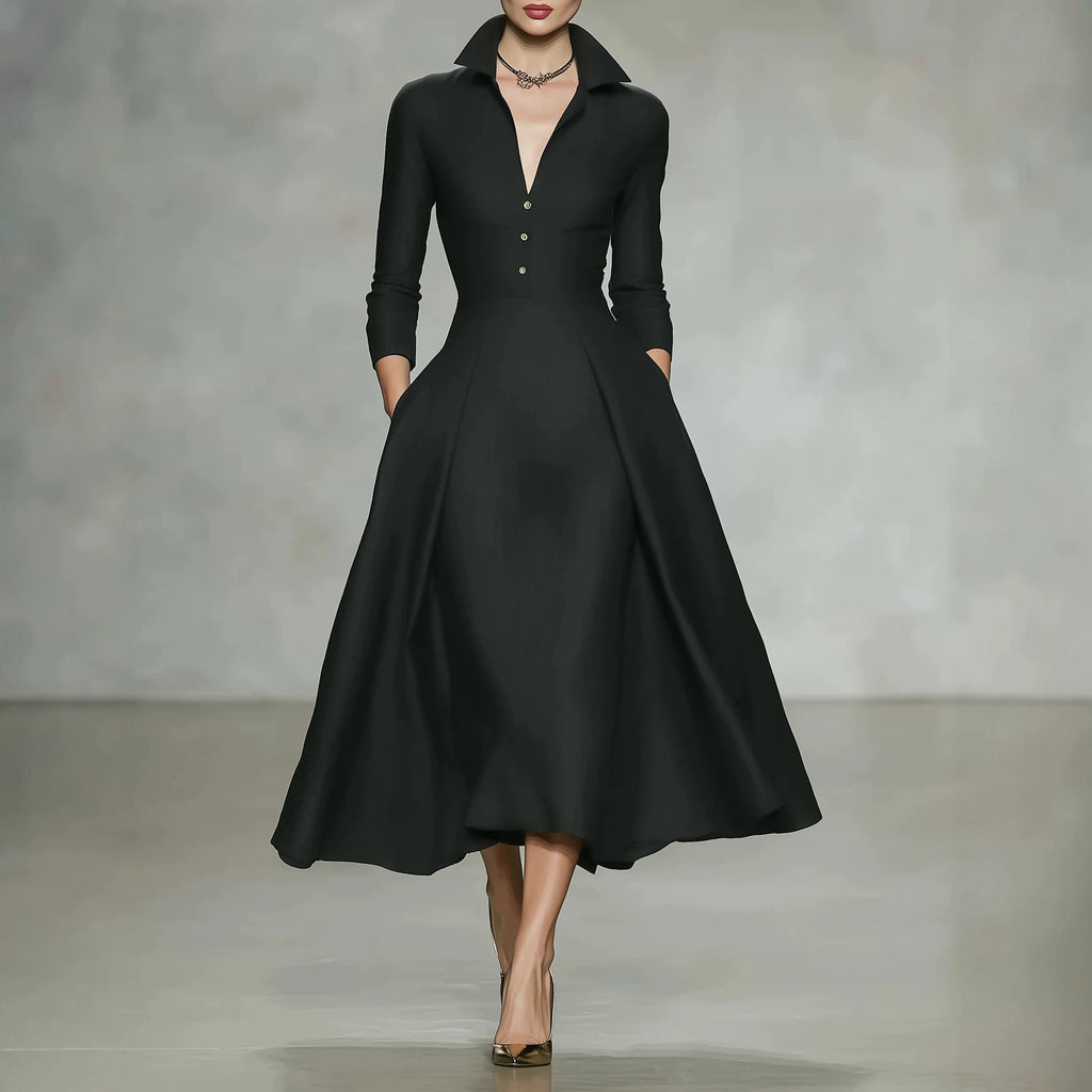 Vestido de manga larga con escote en V y cintura entallada