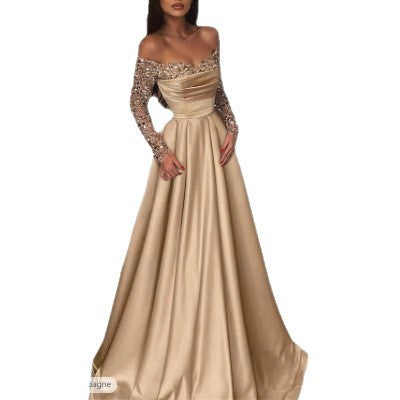 Vestido largo de noche con lentejuelas, escote profundo en V y manga larga