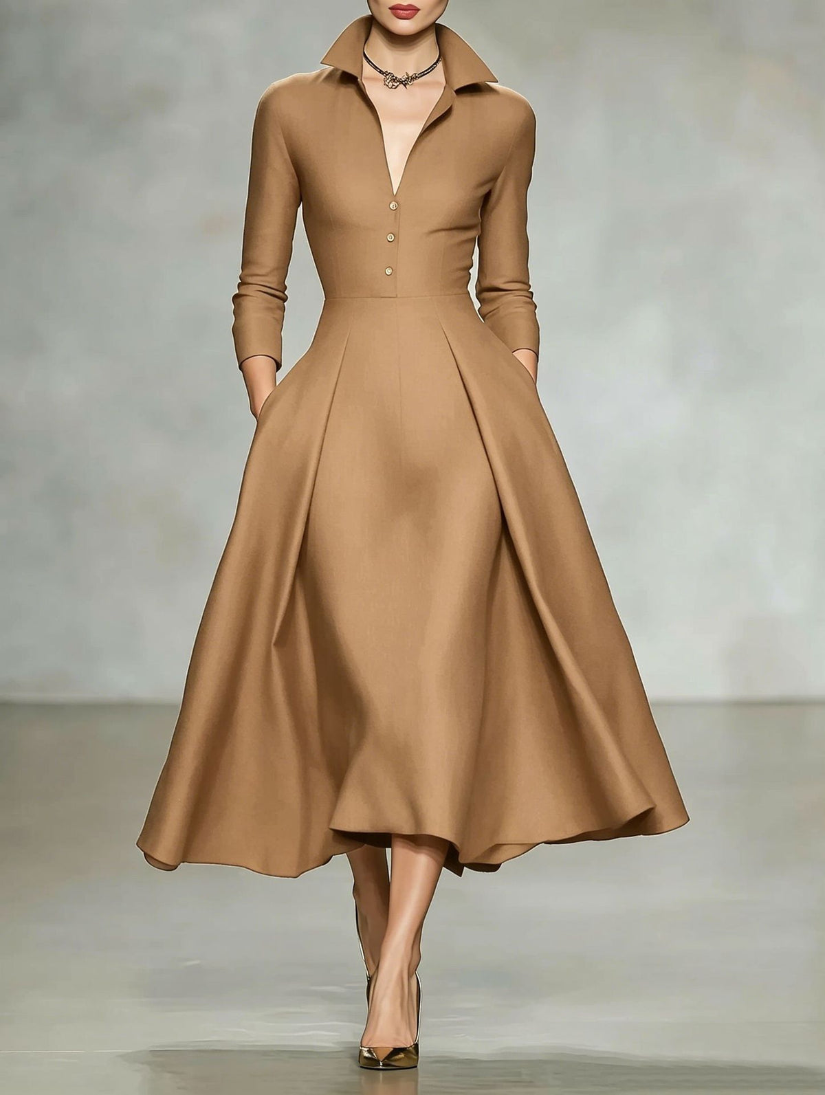 Vestido de manga larga con escote en V y cintura entallada