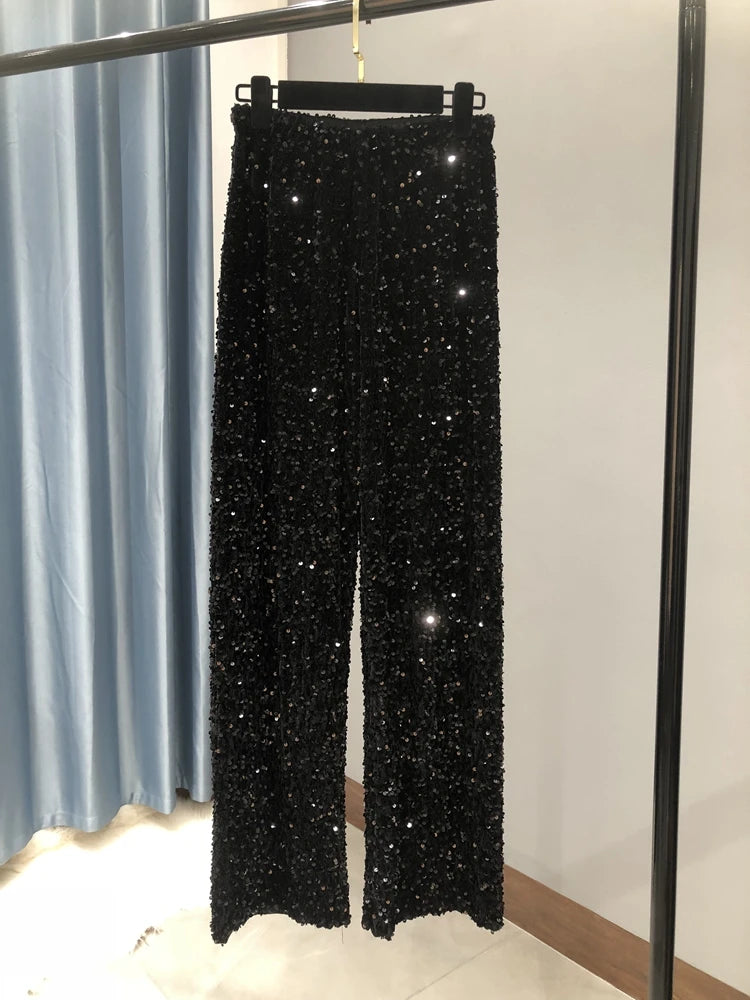 Pantalón brillante de cintura alta y pierna ancha