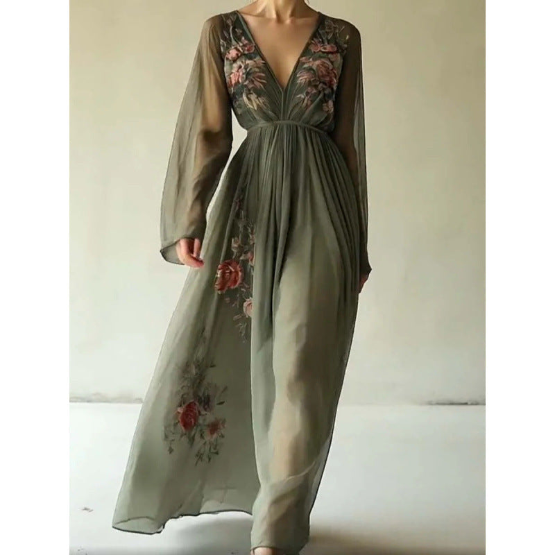 Vestido largo estampado de gasa con manga larga y escote en V